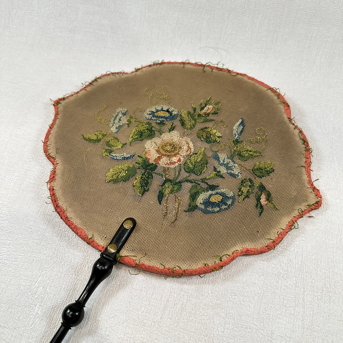 Antique Victorian Fire Screen Hand Embroidered Floral Parlour Fan 1800s