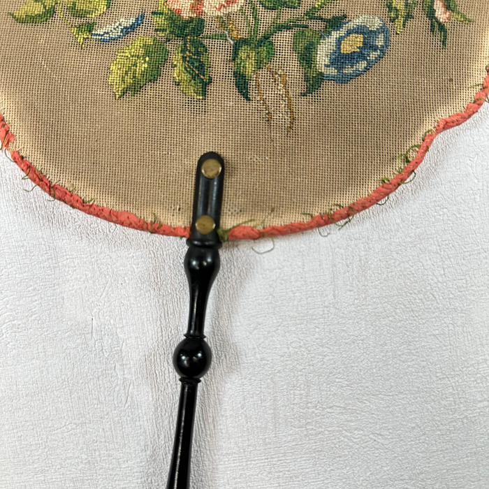 Antique Victorian Fire Screen Hand Embroidered Floral Parlour Fan 1800s