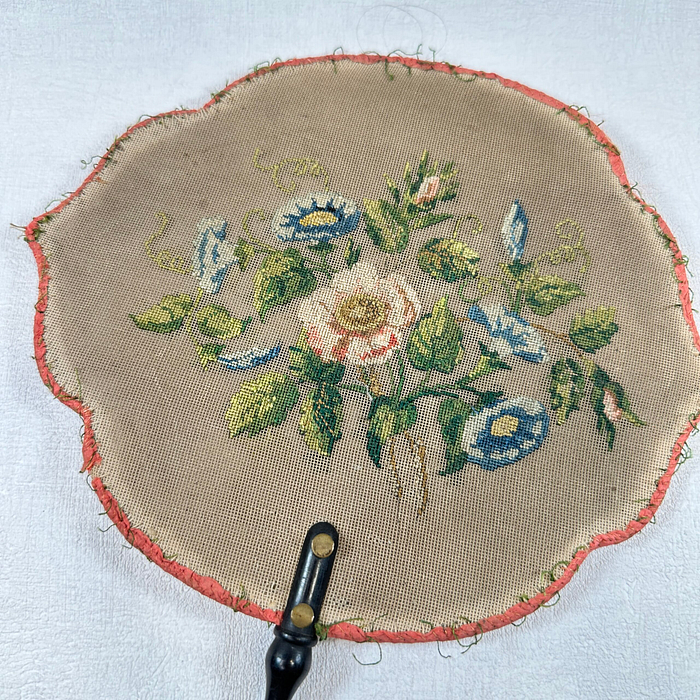 Antique Victorian Fire Screen Hand Embroidered Floral Parlour Fan 1800s