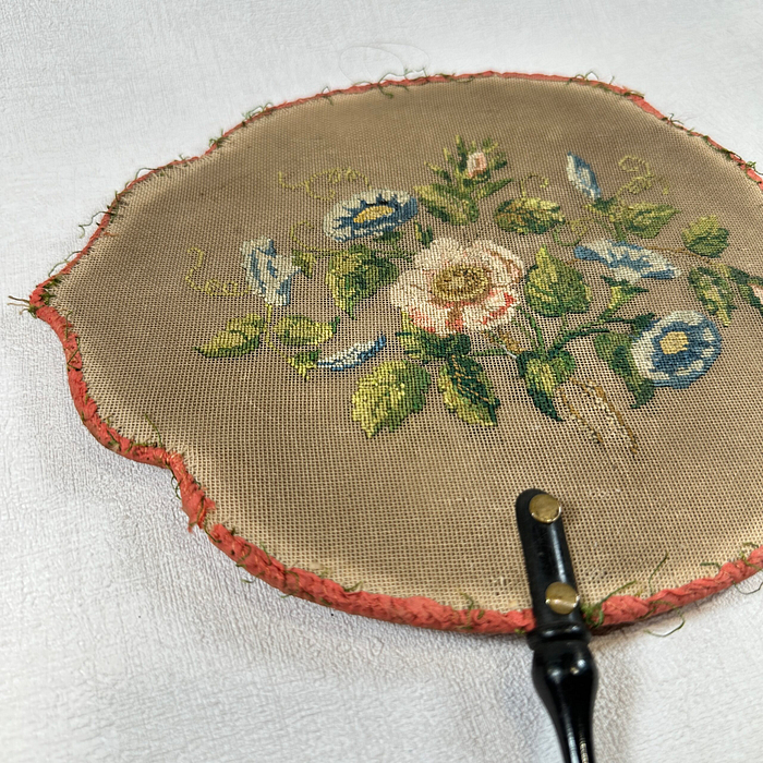 Antique Victorian Fire Screen Hand Embroidered Floral Parlour Fan 1800s