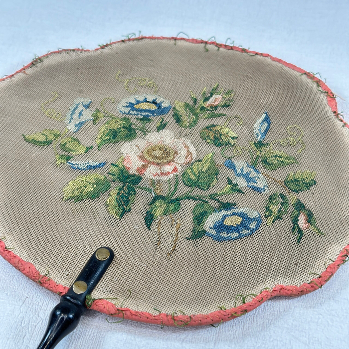 Antique Victorian Fire Screen Hand Embroidered Floral Parlour Fan 1800s