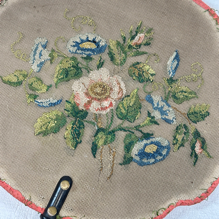 Antique Victorian Fire Screen Hand Embroidered Floral Parlour Fan 1800s