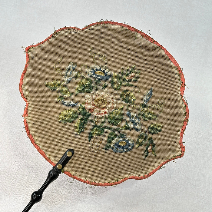 Antique Victorian Fire Screen Hand Embroidered Floral Parlour Fan 1800s