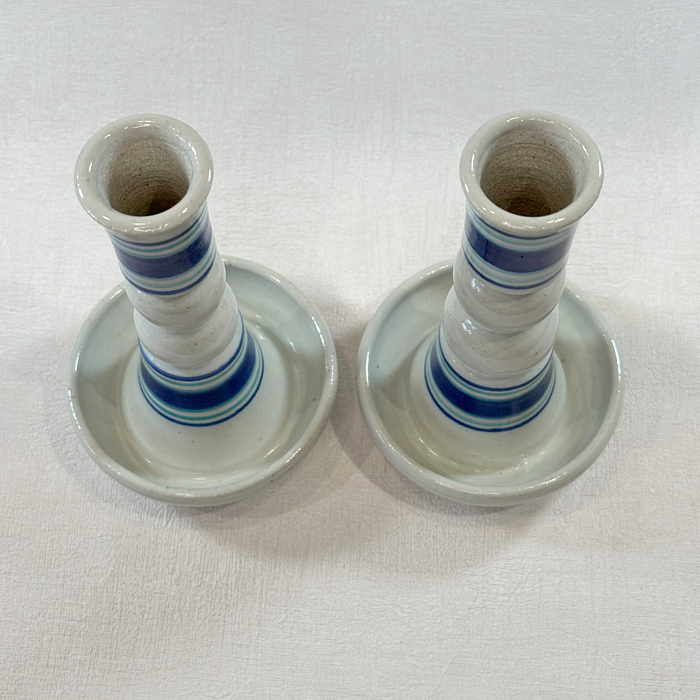 Pair Studio Pottery Candlestick Holders Blue White Stoneware Vintage