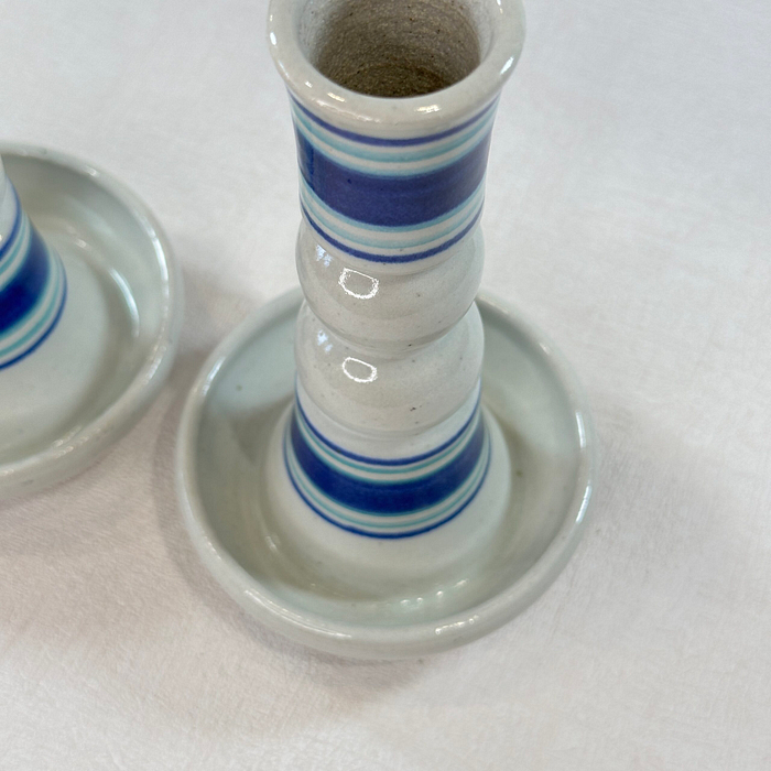 Pair Studio Pottery Candlestick Holders Blue White Stoneware Vintage