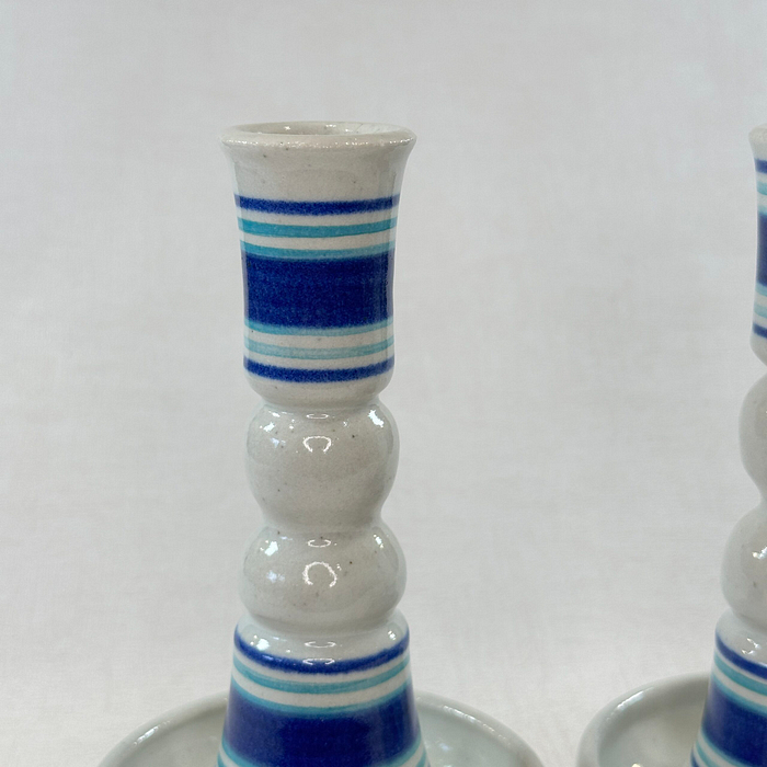 Pair Studio Pottery Candlestick Holders Blue White Stoneware Vintage