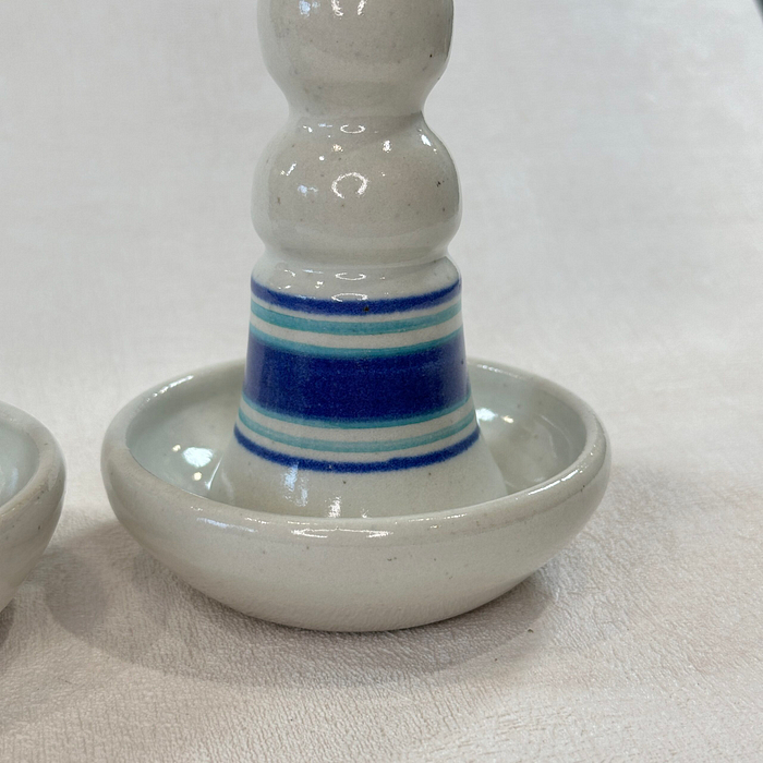 Pair Studio Pottery Candlestick Holders Blue White Stoneware Vintage