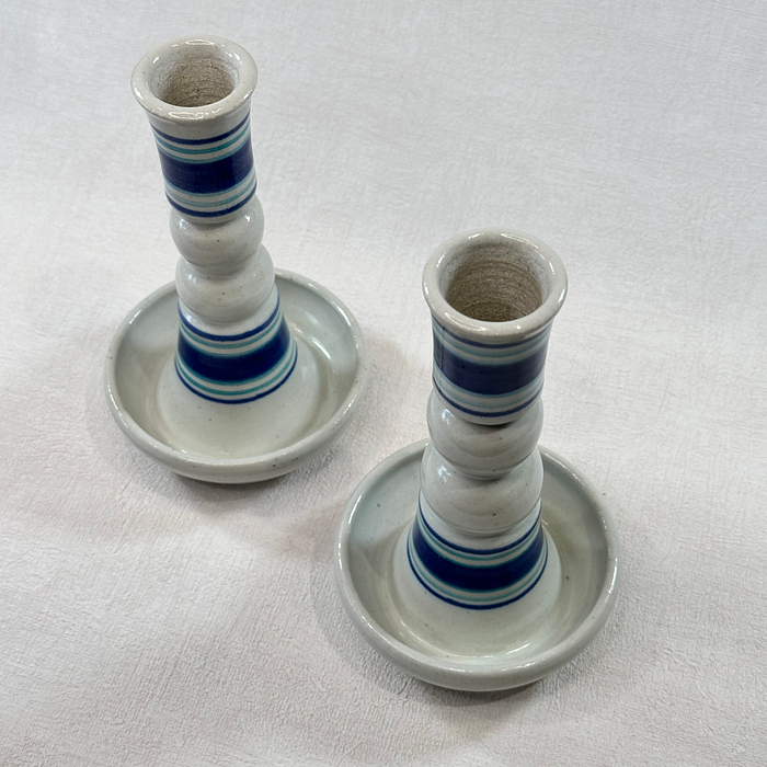 Pair Studio Pottery Candlestick Holders Blue White Stoneware Vintage