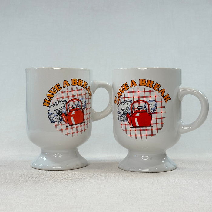 Pair Retro "Have A Break" Mugs Red Kettle 80s Pedestal Mugs