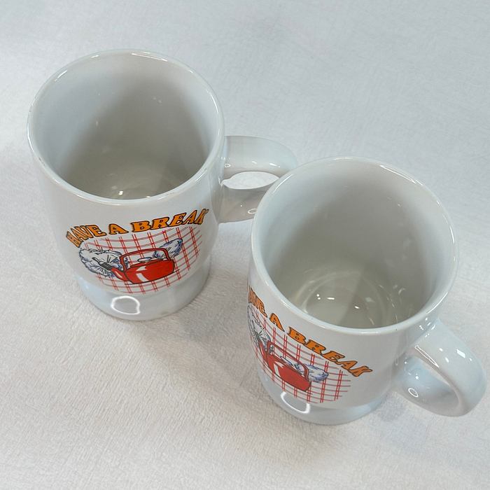 Pair Retro "Have A Break" Mugs Red Kettle 80s Pedestal Mugs