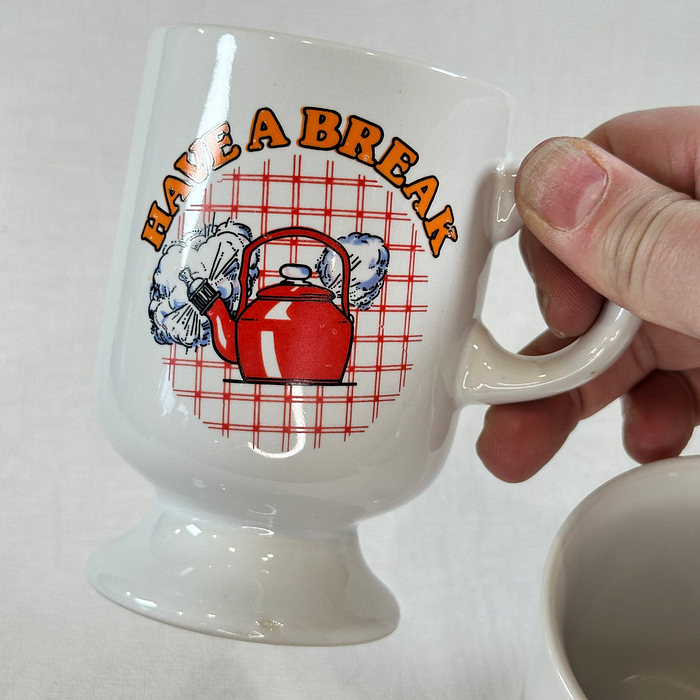 Pair Retro "Have A Break" Mugs Red Kettle 80s Pedestal Mugs