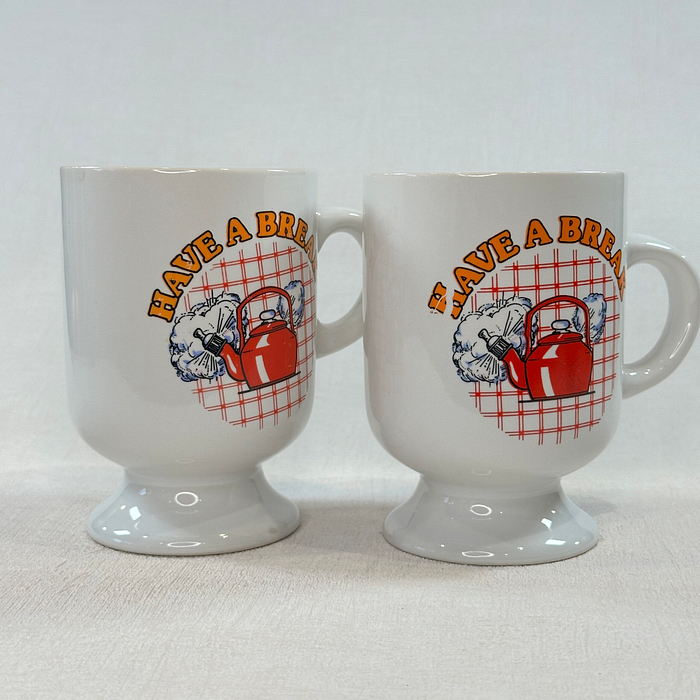 Pair Retro "Have A Break" Mugs Red Kettle 80s Pedestal Mugs