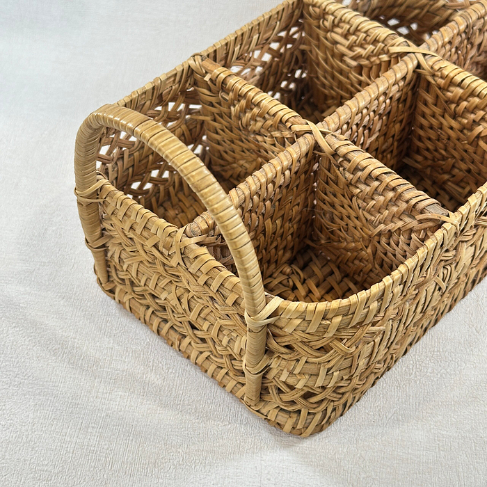 Vintage Woven Utensil Caddy 6 Sections Rattan Cutlery Holder