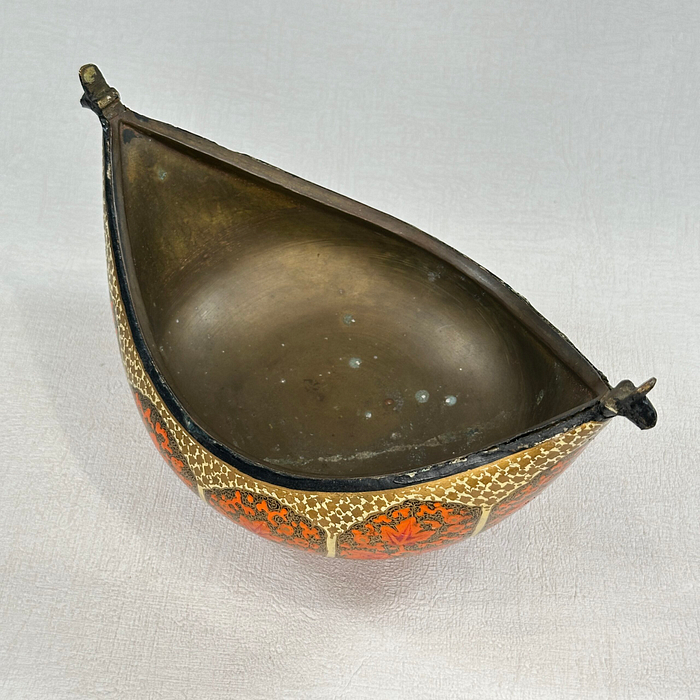 Vintage Brass Kashmiri Beggar's Bowl Red Gold Leaf Mid 20th C