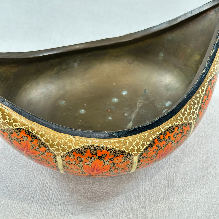 Vintage Brass Kashmiri Beggar's Bowl Red Gold Leaf Mid 20th C