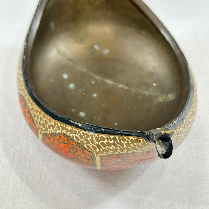 Vintage Brass Kashmiri Beggar's Bowl Red Gold Leaf Mid 20th C