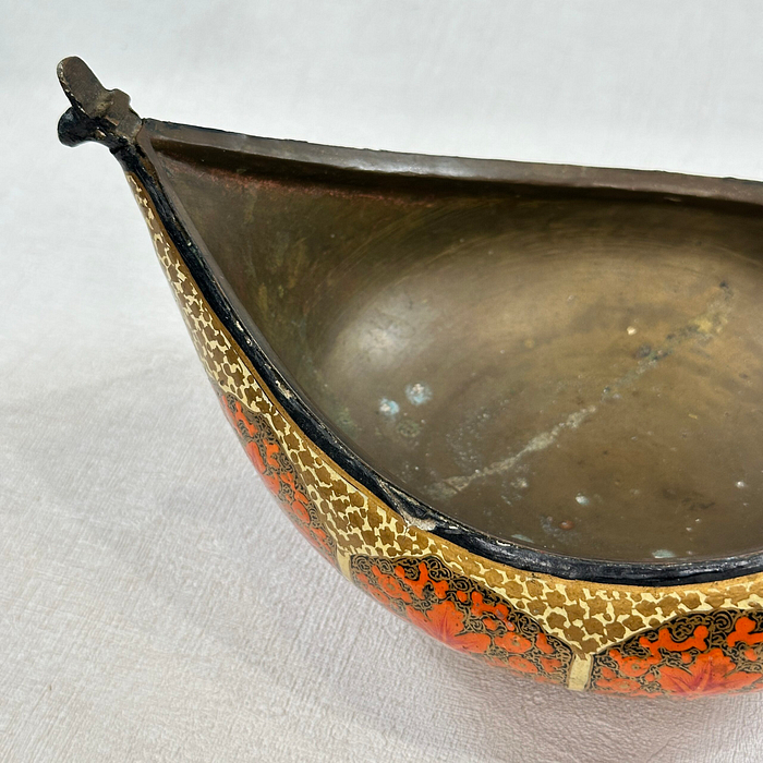 Vintage Brass Kashmiri Beggar's Bowl Red Gold Leaf Mid 20th C