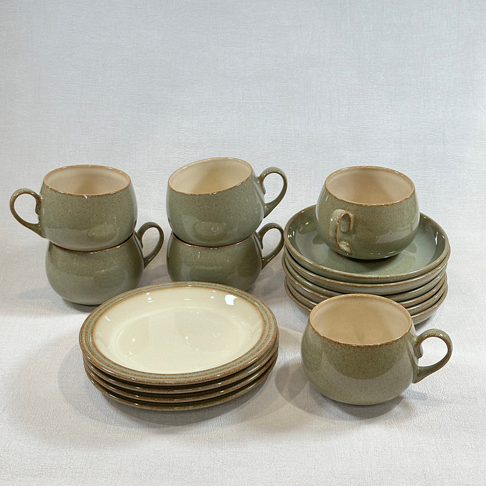 Denby Camelot Cups Saucers Side Plates Stoneware 1980s Green Cream