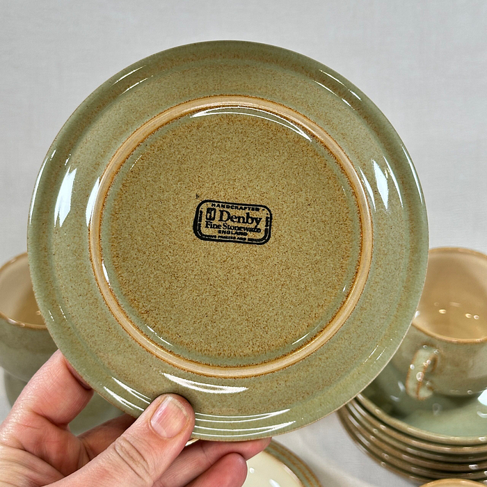 Denby Camelot Cups Saucers Side Plates Stoneware 1980s Green Cream