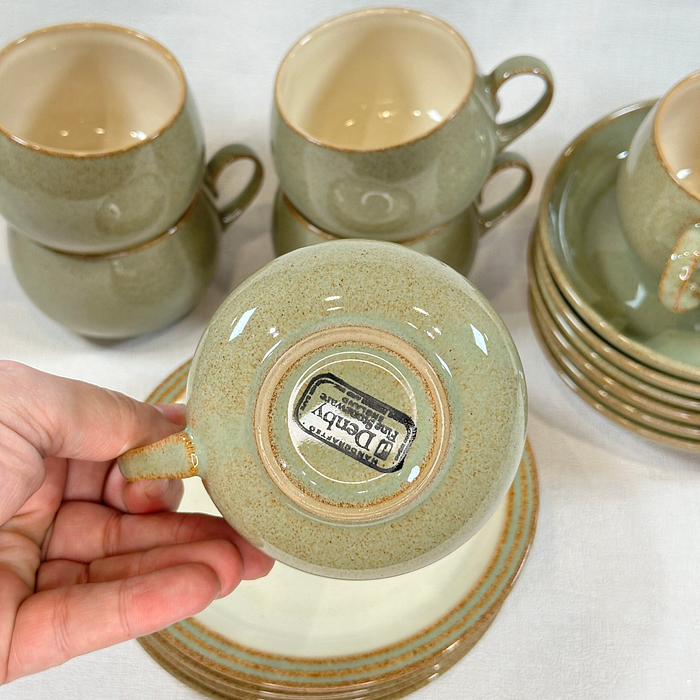 Denby Camelot Cups Saucers Side Plates Stoneware 1980s Green Cream