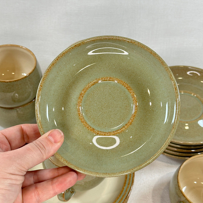 Denby Camelot Cups Saucers Side Plates Stoneware 1980s Green Cream