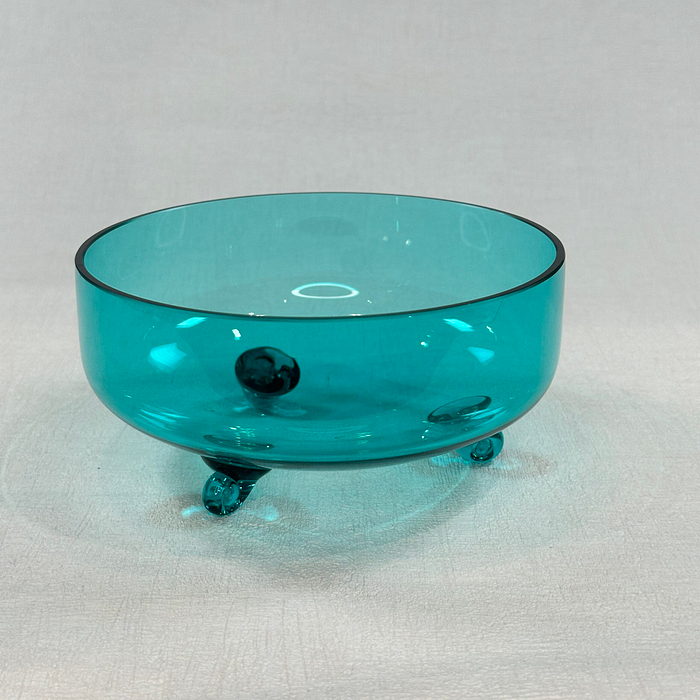 Mid Century Modern Blue Glass Candy Dish Tri-Footed 7" Handblown