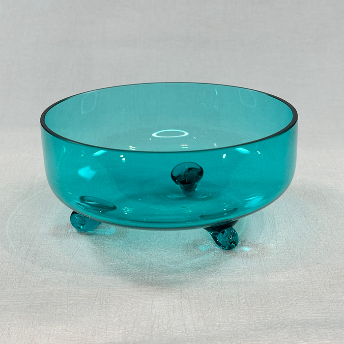 Mid Century Modern Blue Glass Candy Dish Tri-Footed 7" Handblown