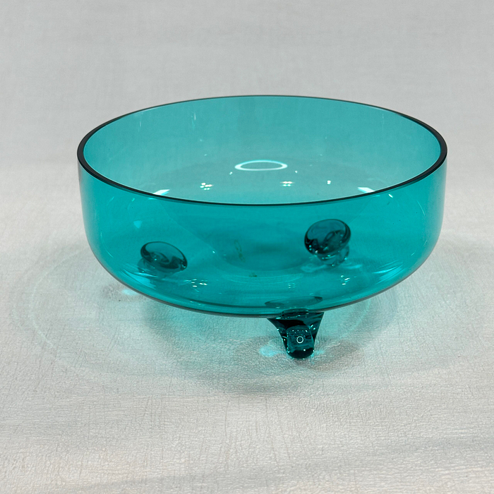 Mid Century Modern Blue Glass Candy Dish Tri-Footed 7" Handblown