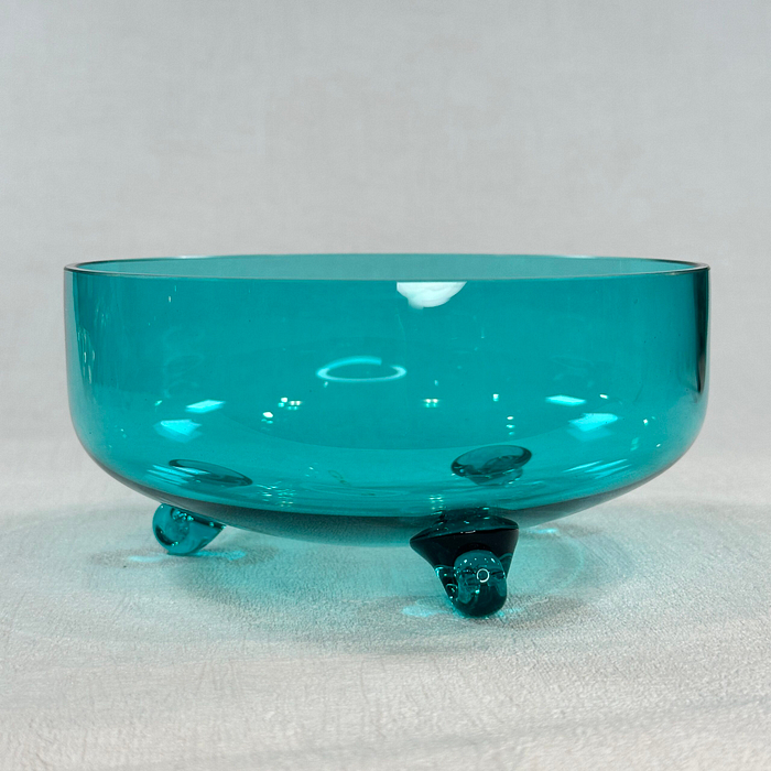 Mid Century Modern Blue Glass Candy Dish Tri-Footed 7" Handblown