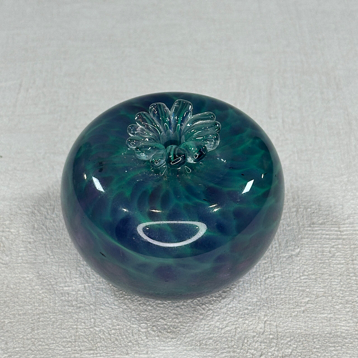 Guernsey Glass Bud Vase Mottled Green Purple Apple Shape Signed