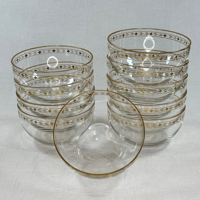 Vintage Glass Dessert Bowls Set 10 Clear Gold Trim Elegant