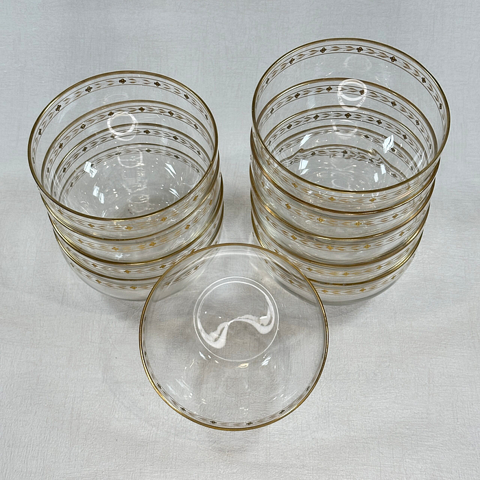 Vintage Glass Dessert Bowls Set 10 Clear Gold Trim Elegant