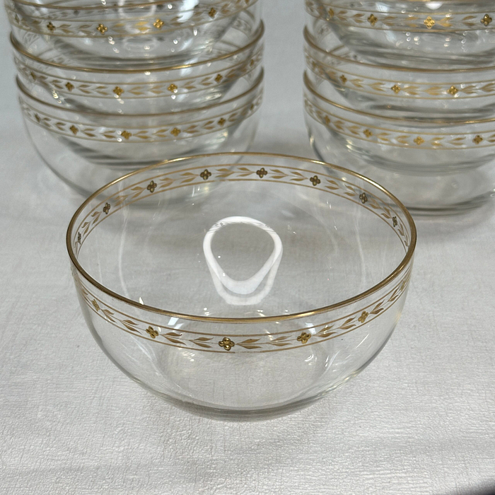 Vintage Glass Dessert Bowls Set 10 Clear Gold Trim Elegant