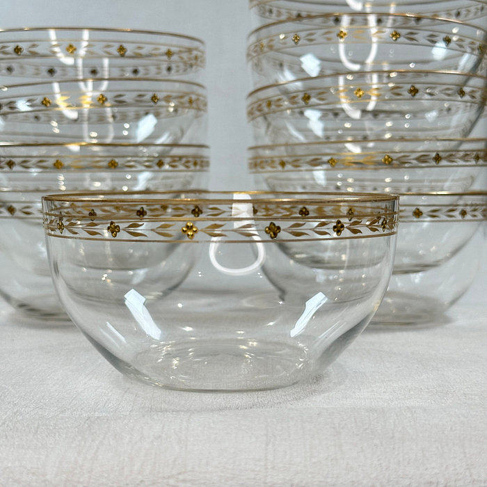 Vintage Glass Dessert Bowls Set 10 Clear Gold Trim Elegant