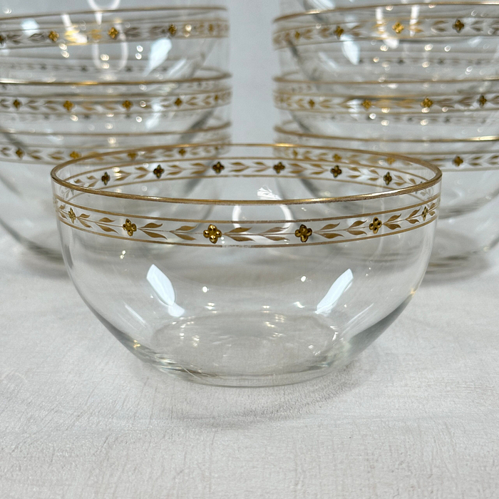 Vintage Glass Dessert Bowls Set 10 Clear Gold Trim Elegant