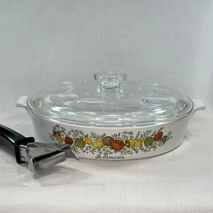 Vintage Pyrosil Casserole Dish Spice of Life La Romarin 1970s Lid Handle