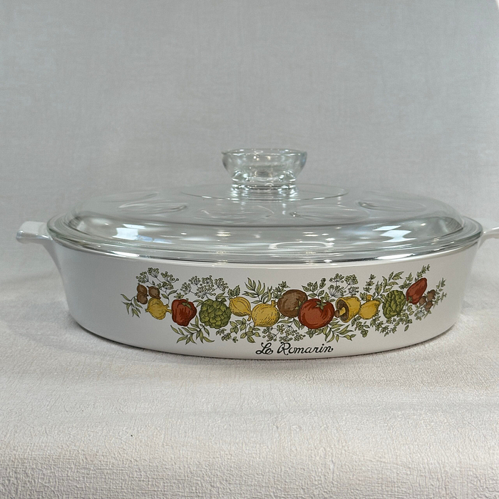 Vintage Pyrosil Casserole Dish Spice of Life La Romarin 1970s Lid Handle