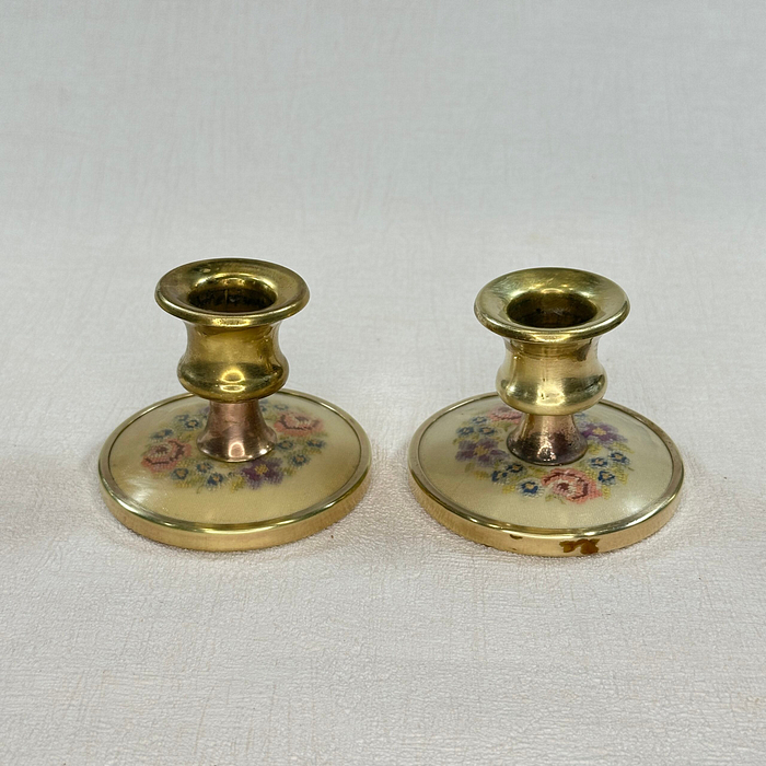 Vintage Brass Candle Holders Embroidered Floral Pair 1950s Petite