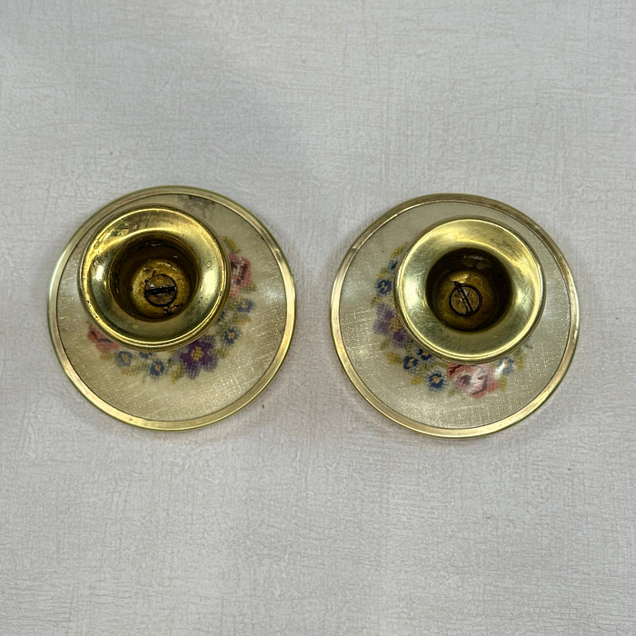 Vintage Brass Candle Holders Embroidered Floral Pair 1950s Petite