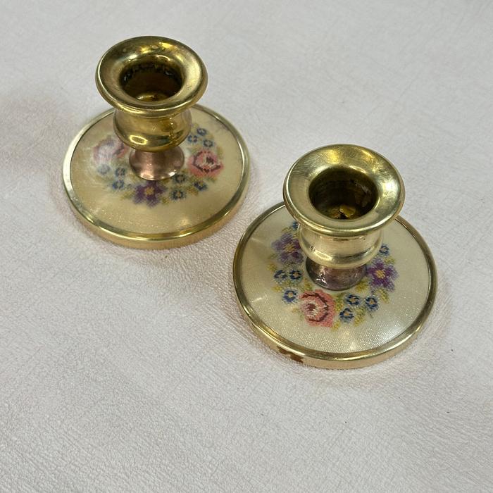 Vintage Brass Candle Holders Embroidered Floral Pair 1950s Petite