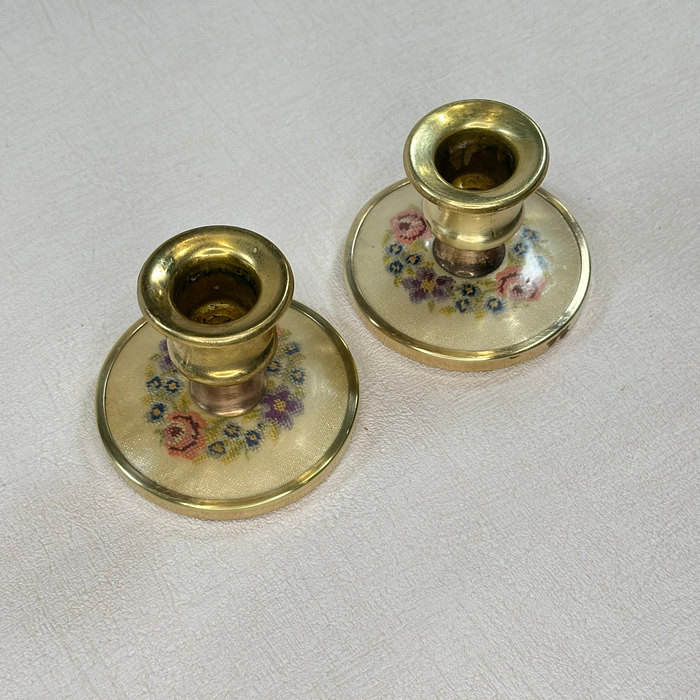 Vintage Brass Candle Holders Embroidered Floral Pair 1950s Petite