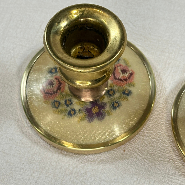 Vintage Brass Candle Holders Embroidered Floral Pair 1950s Petite