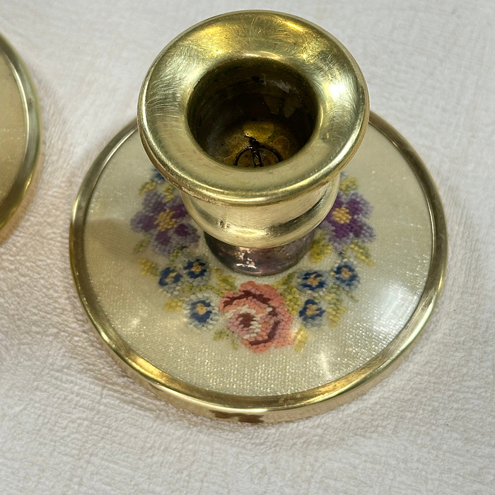 Vintage Brass Candle Holders Embroidered Floral Pair 1950s Petite