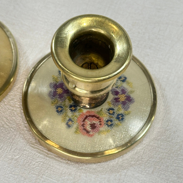 Vintage Brass Candle Holders Embroidered Floral Pair 1950s Petite