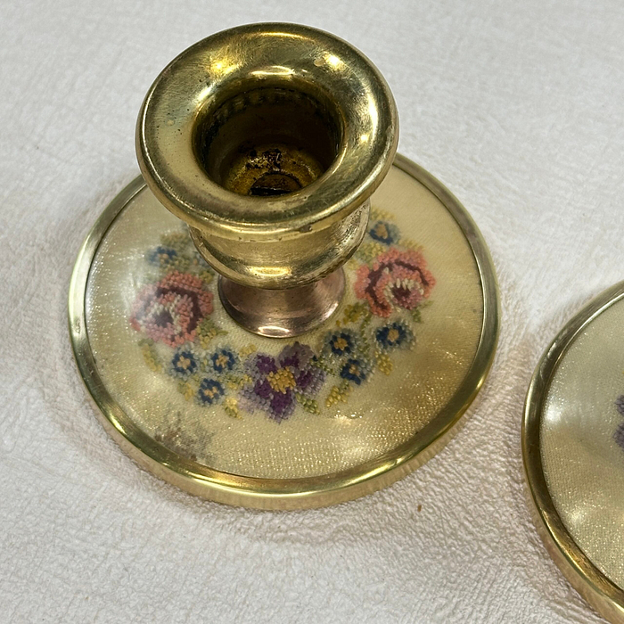 Vintage Brass Candle Holders Embroidered Floral Pair 1950s Petite