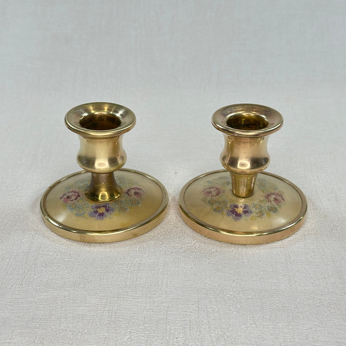 Vintage Brass Candle Holders Embroidered Floral Pair 1950s Petite 2