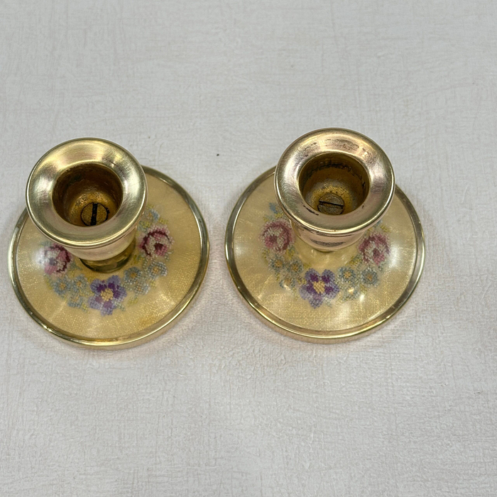 Vintage Brass Candle Holders Embroidered Floral Pair 1950s Petite 2