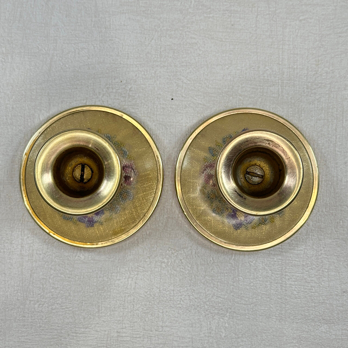 Vintage Brass Candle Holders Embroidered Floral Pair 1950s Petite 2