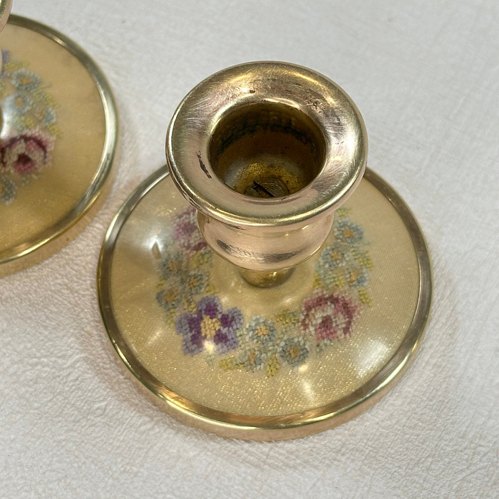 Vintage Brass Candle Holders Embroidered Floral Pair 1950s Petite 2