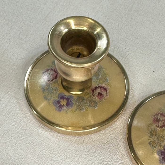 Vintage Brass Candle Holders Embroidered Floral Pair 1950s Petite 2